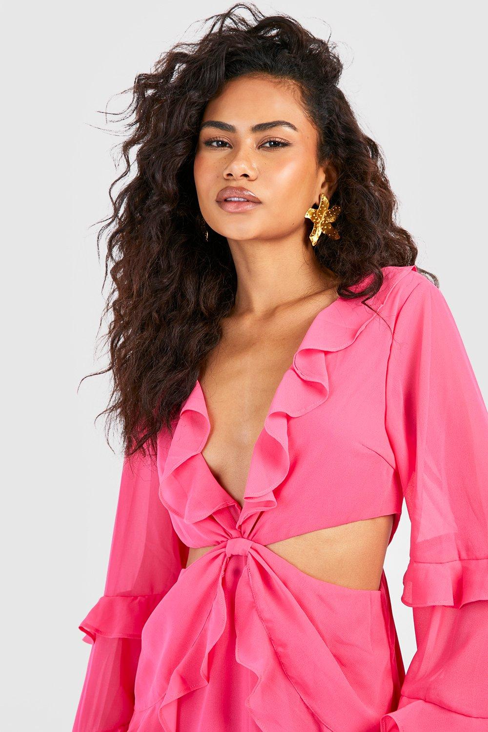 Boohoo pink ruffle dress hotsell